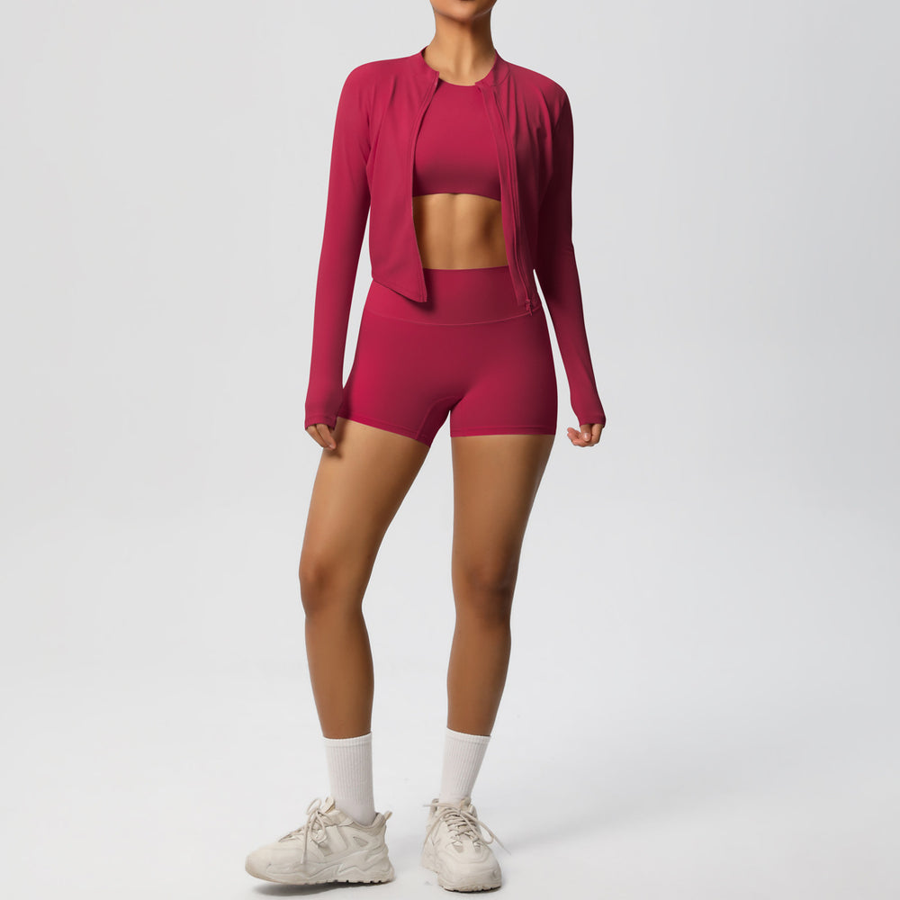 New arrival: solid color, barely-there feel, brushed long-sleeve outerwear, slim-fit three-piece activewear set for running, fitness, and yoga