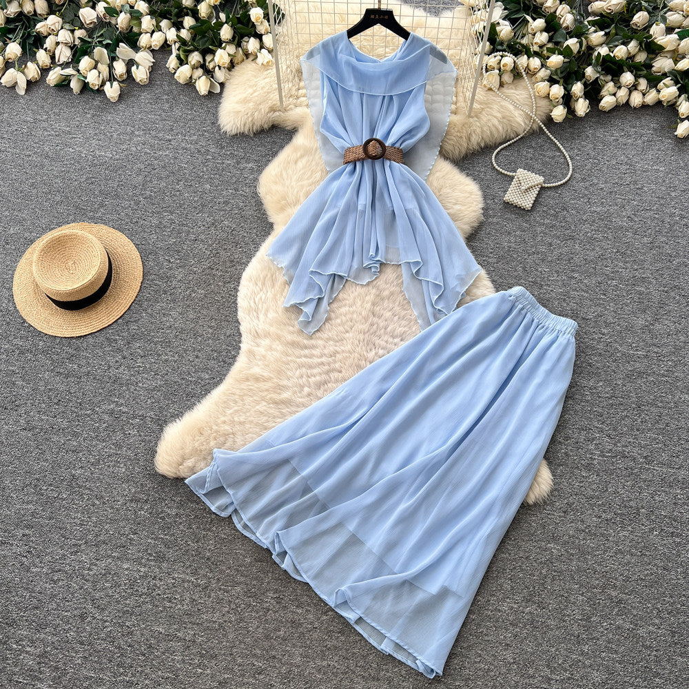 French chic halter top & high-waisted midi skirt set - women's work-ready, breathable mesh summer two-piece