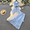 French chic halter top & high-waisted midi skirt set - women's work-ready, breathable mesh summer two-piece