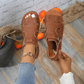 Exportplus sizenew arrival belt buckle flatscut out sandals women's retro style outwearpure color beach sandals and slippers