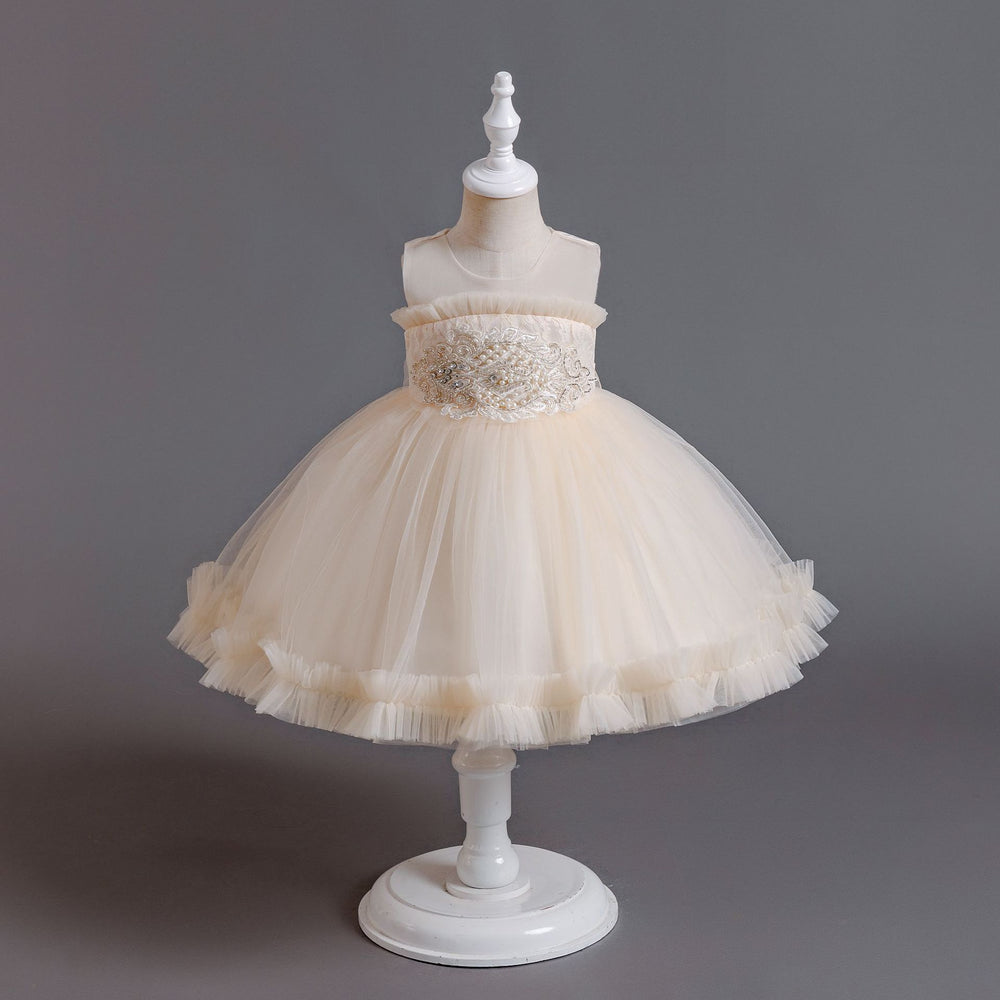 Ready-to-ship new children's formal dress: pearl-embellished tulle princess gown for baby girls, perfect for first birthday photoshoots and special occasions. kids dress