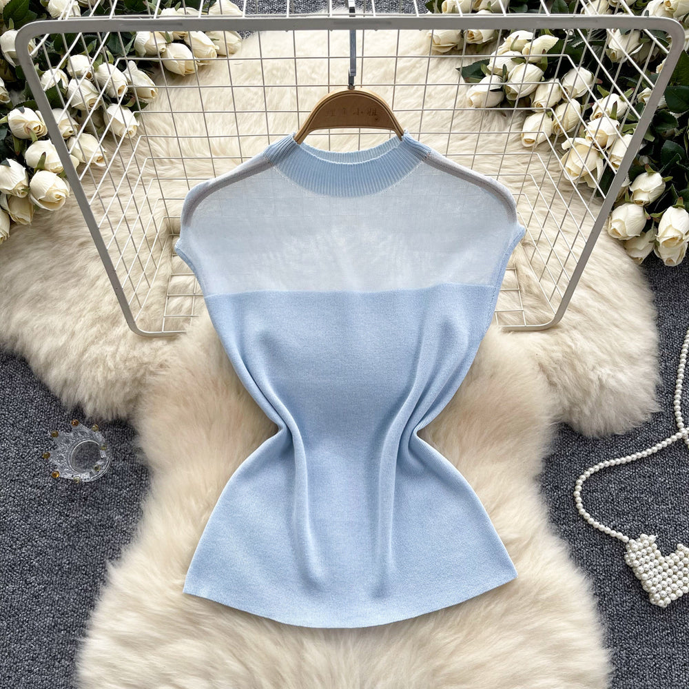 European and american style versatile new half-high neck knit top for women - pure & sexy sheer mesh panel slim-fit summer top