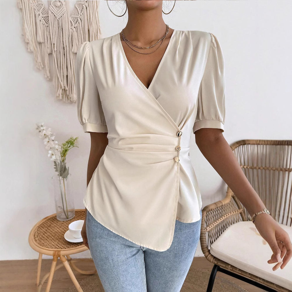 cross-border e-commerce:  &  - european & american style women's short-sleeve blouse - summer chic, slim-fit, tummy-control top