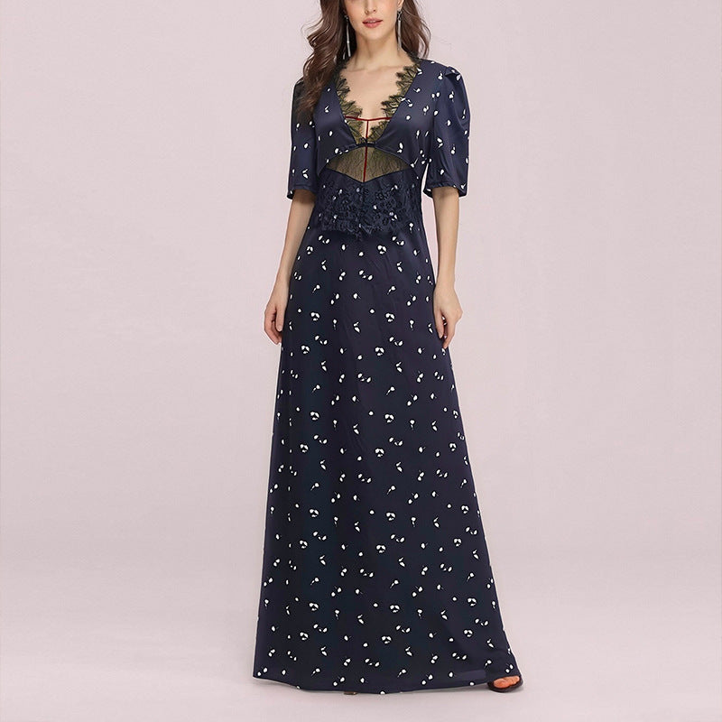 cross-border european and american women's summer fashion: new elegant satin lace patchwork v-neck hollow-out polka dot dress