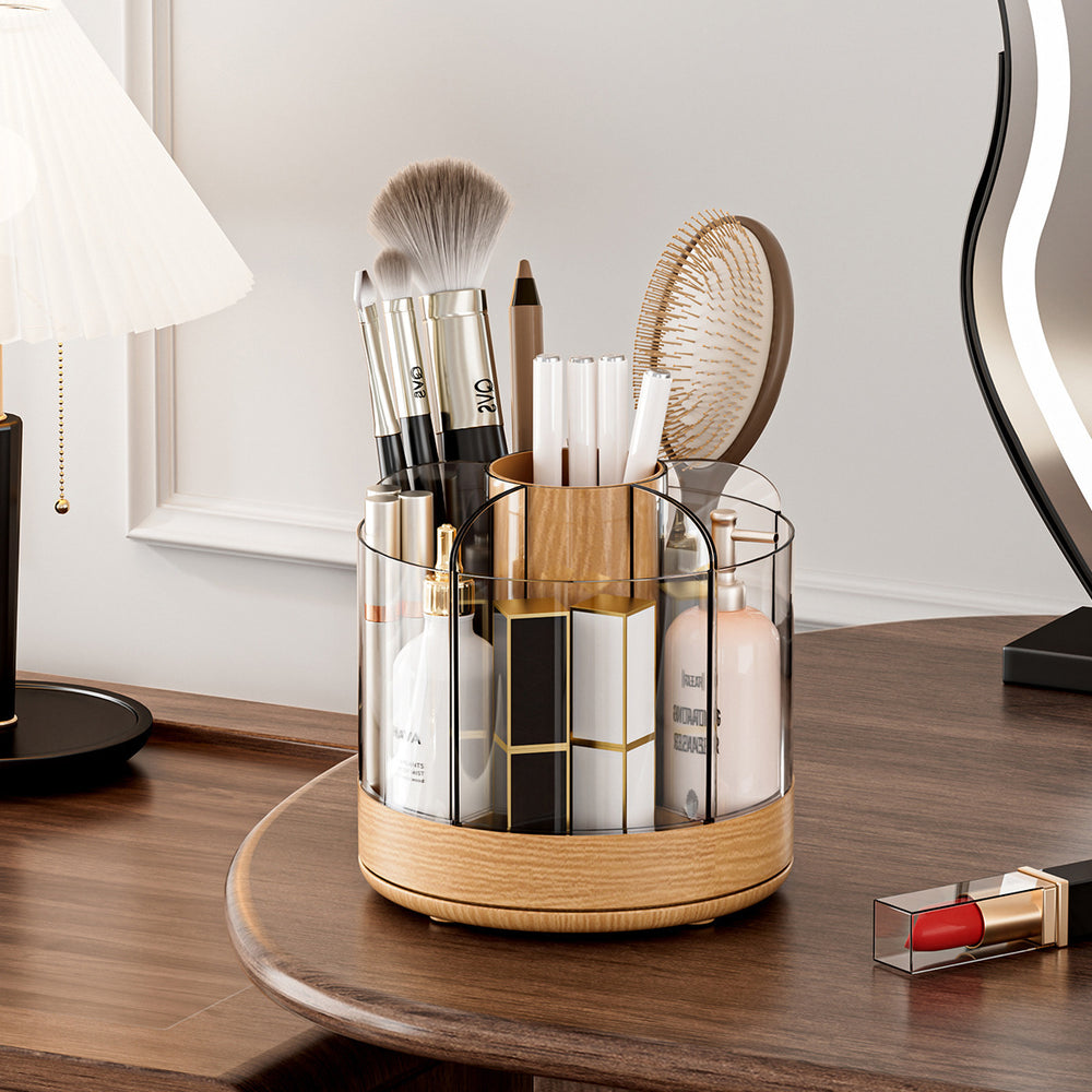 Wooden rotating makeup brush organizer desktop vanity cosmetic lipstick storage rack large capacity pen holder