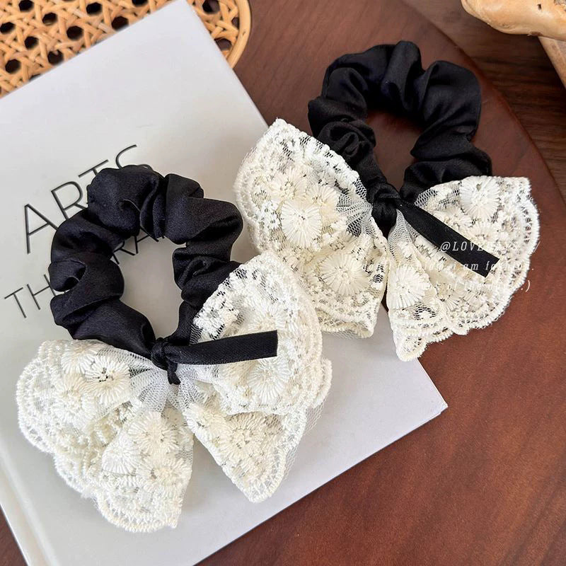 Sweet bowknot hair tie - lace double layer, gentle korean style, fashionable embroidered retro hair rope, elegant