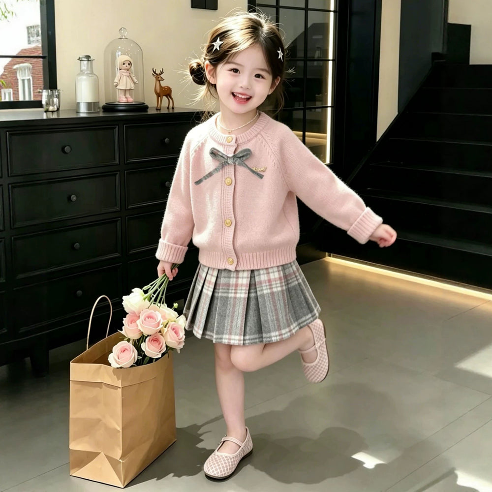 Girls' outfit:  new korean style pink knit cardigan sweater and plaid pleated skirt two-piece set