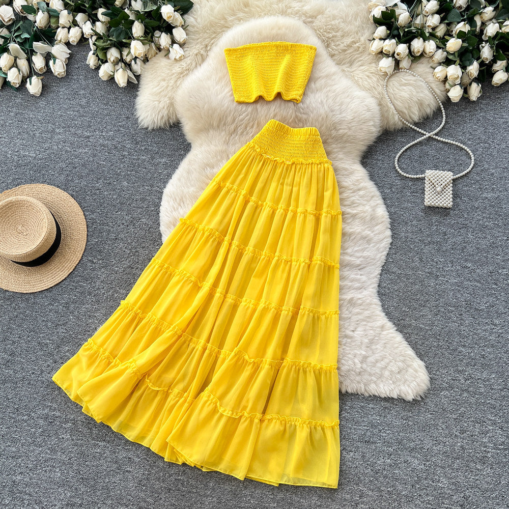 summer new arrival: yellow pleated two-piece set - women's summer sweet & spicy layered cake skirt commute chic outfit