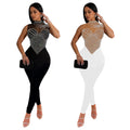 C7168 cross-border   fashion women's solid color mesh rhinestone pants jumpsuit new arrival