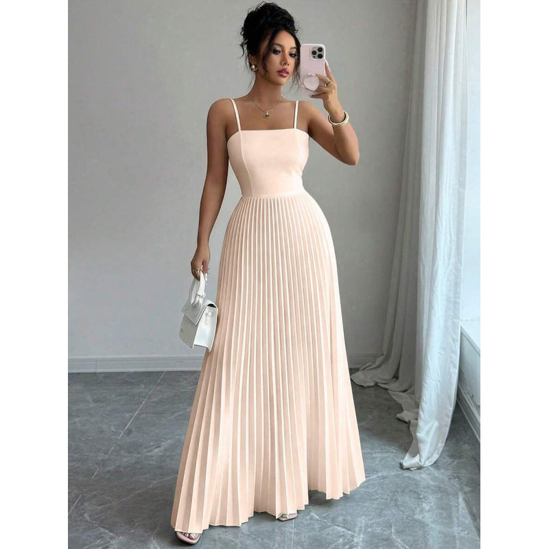Amazon european goods summer fashion elegant solid color pleated waist-defining long slip dress