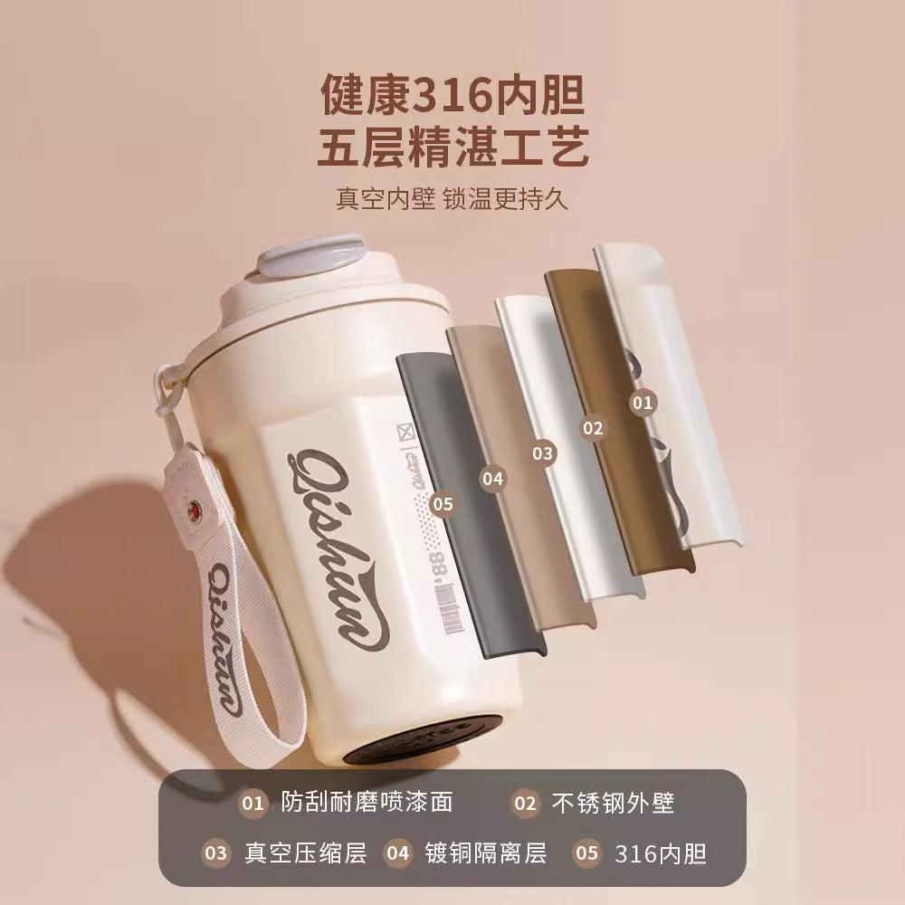 Simple 316 stainless steel octagonal coffee mug - portable cola cup with carry strap, outdoor car vacuum insulated tumbler - customizable