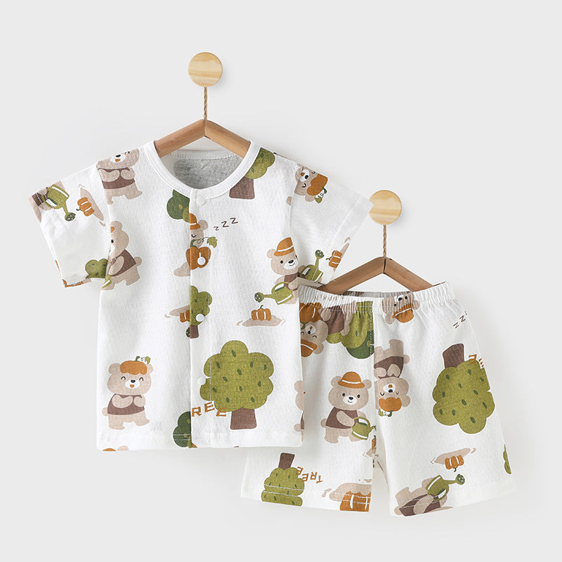 Baby short-sleeve set - summer pure cotton lightweight outfit for boys and girls, infant shorts pajamas, air conditioning clothes, children's summer apparel