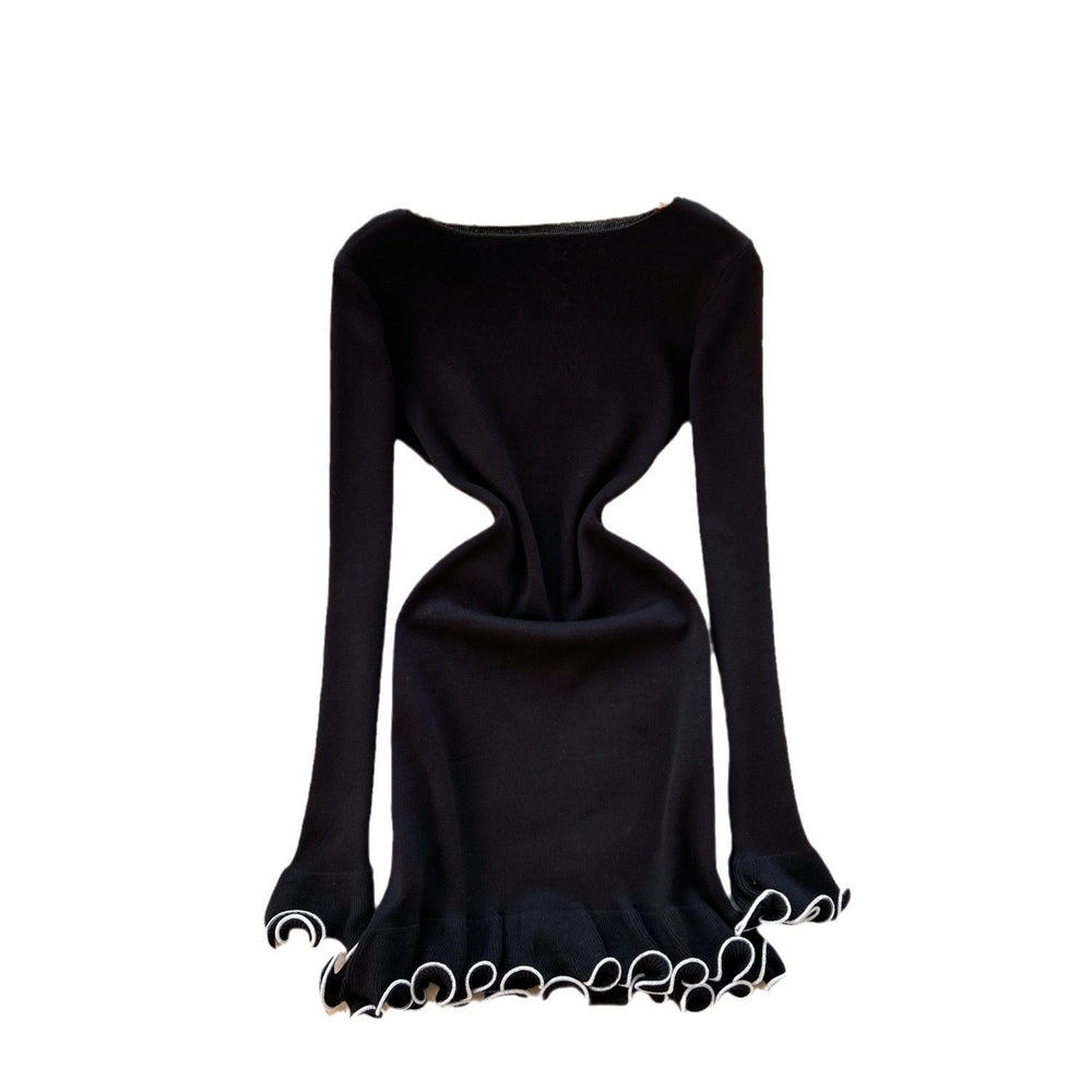 Export cross-border fall and wintercasual inner wear with contrasting color fungus edge ruffleslong sleevesilmknittingdress women's short skirt