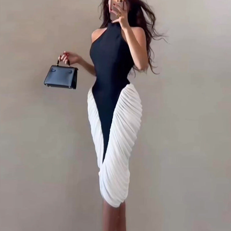 European and american style women's foreign trade black and white color block fashion design bodycon dress - sleeveless halter neck maxi dress for work and casual wear