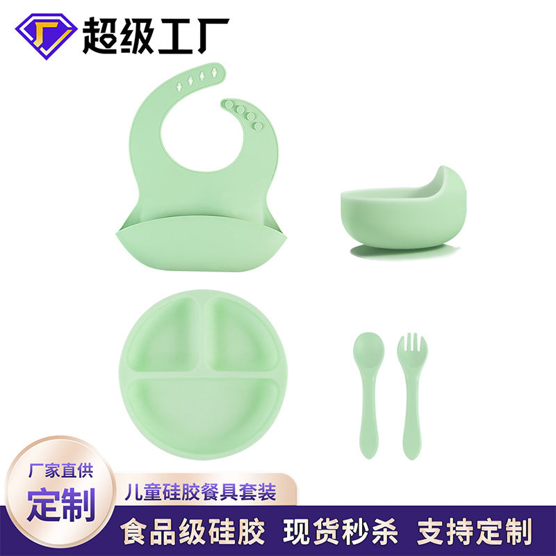 Customized silicone plate set, bib, fork and spoon, baby food supplement bowl 5-piece set, anti-drop suction cup, child feeding tableware