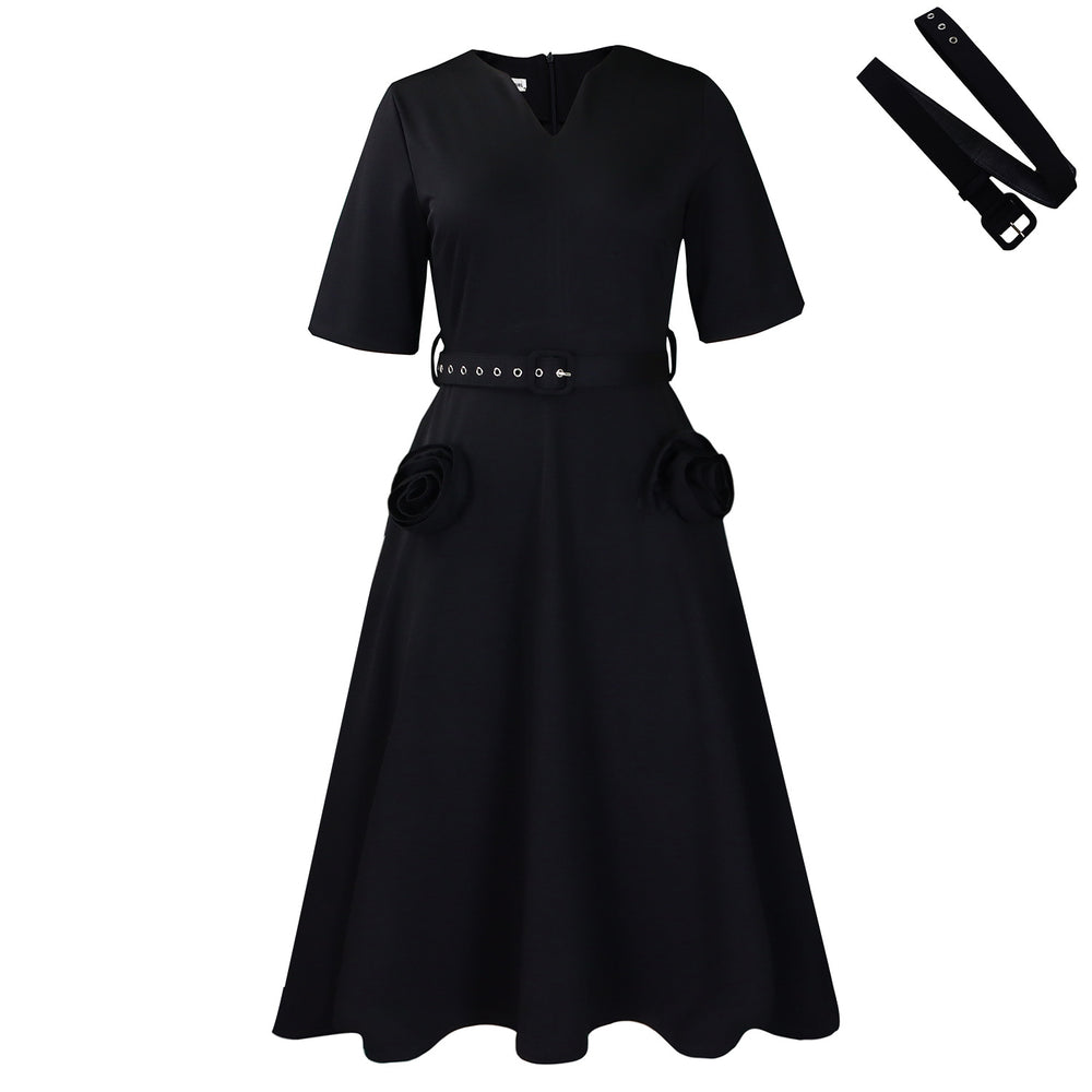 D576 women's foreign trade summer  new fashion v-neck elegant short sleeve cinched waist a-line dress plus size european and american style dress
