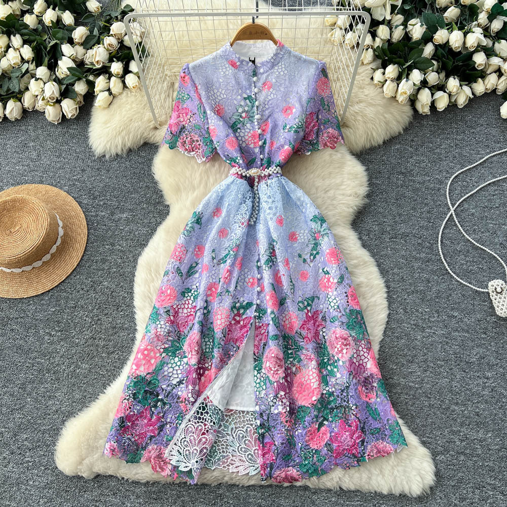 French-inspired vintage lace print dress for women, featuring a cutout design, high waist, cinched waist, a-line silhouette, and an elegant, sophisticated style