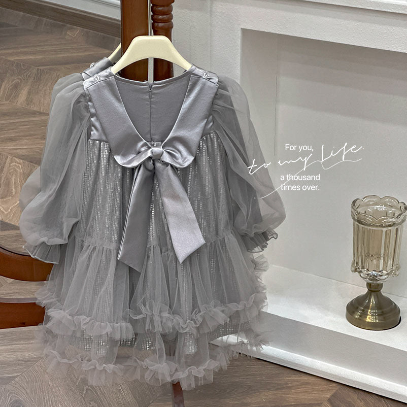 Girls' dress  autumn new arrival: exquisite sequin tulle tutu dress, high-end formal gown with bow detail, princess style