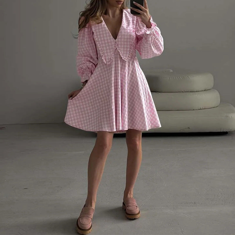 cross-border european and american women's clothing: new summer skirts, fashionable casual plaid lace-trimmed mini dress