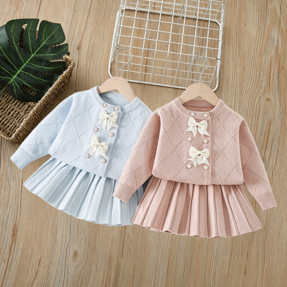 Girls' knit sweater set -  autumn/winter collection: chanel-inspired jacquard double-breasted cardigan & premium knit midi skirt two-piece set