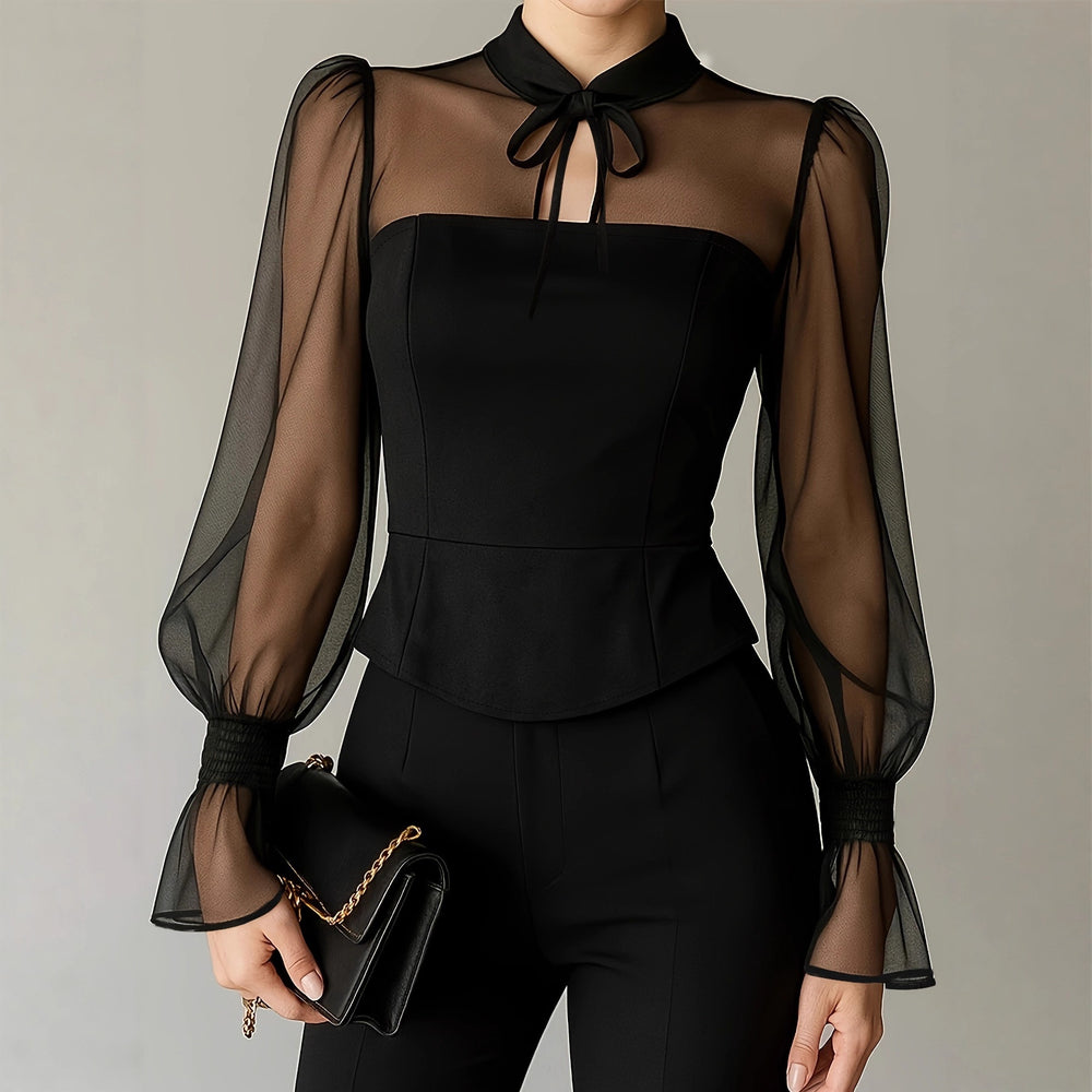 fashion  spring new arrivals: elegant women's bubble sleeve tie-neck blouse