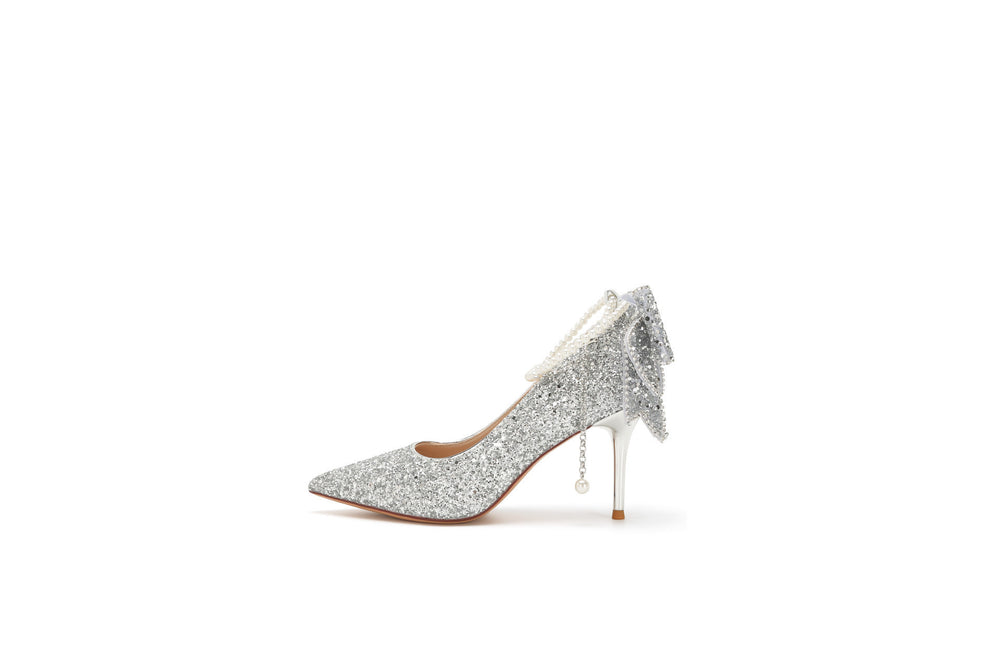 Xiuhe wedding dress bridal crystal sequin coming of age pearl chain bows women's high heels wedding shoes