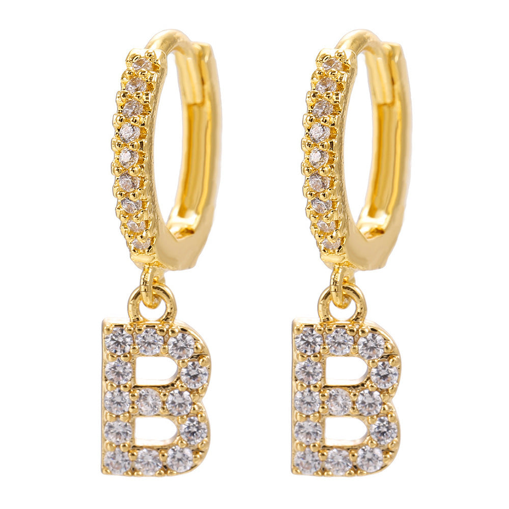 European and american gold-plated micro-paved zircon 26-letter initial pendant earrings - fashionable, unique, high-end, and chic hoop earrings with tassel detail