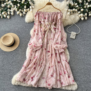 French chic off-the-shoulder embroidered print dress - women's long sleeve v-neck lantern sleeve tie-waist a-line dress - premium quality
