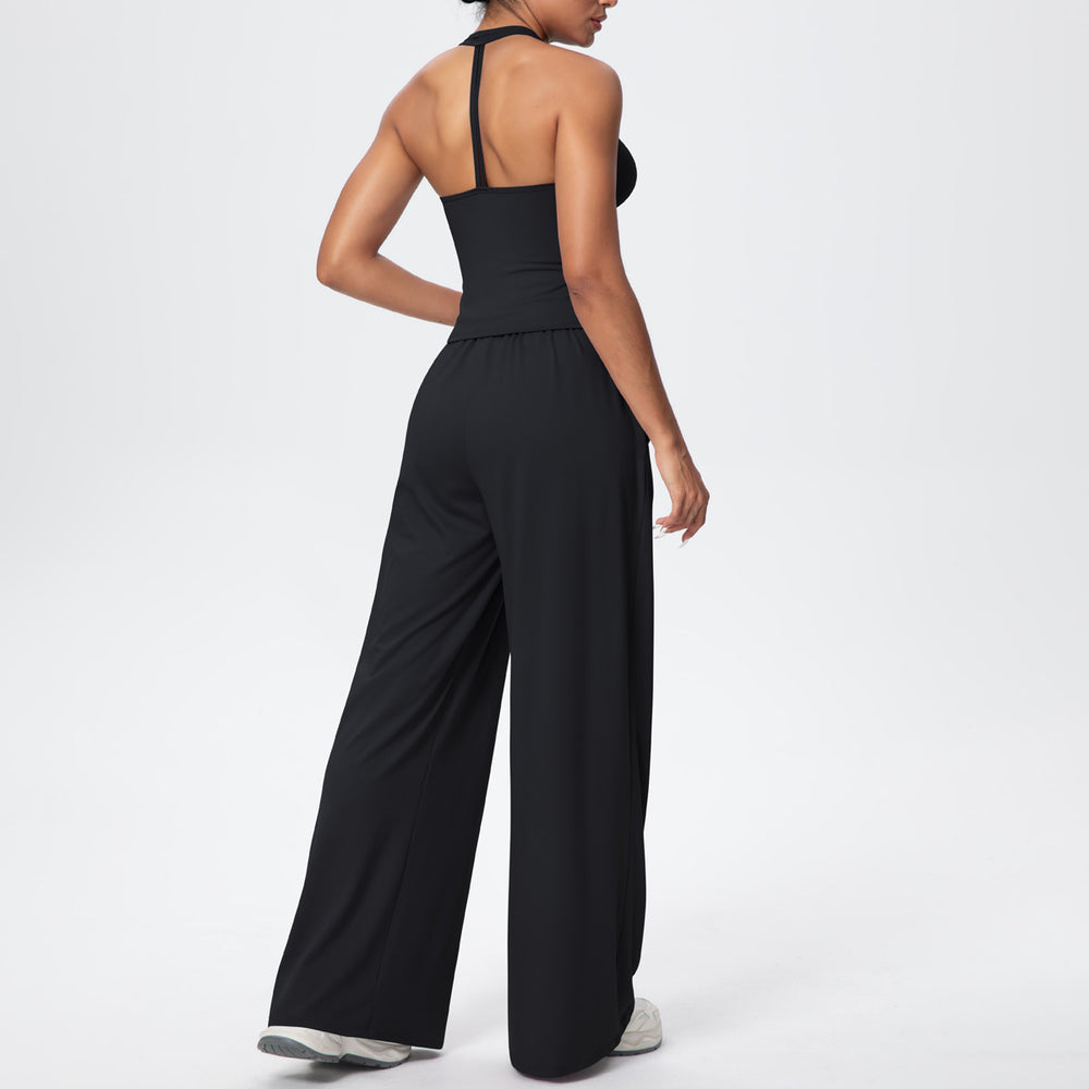 i-shaped v neck beautiful back tight breathable pure color wide-leg yoga suit sports running fitness suit for women