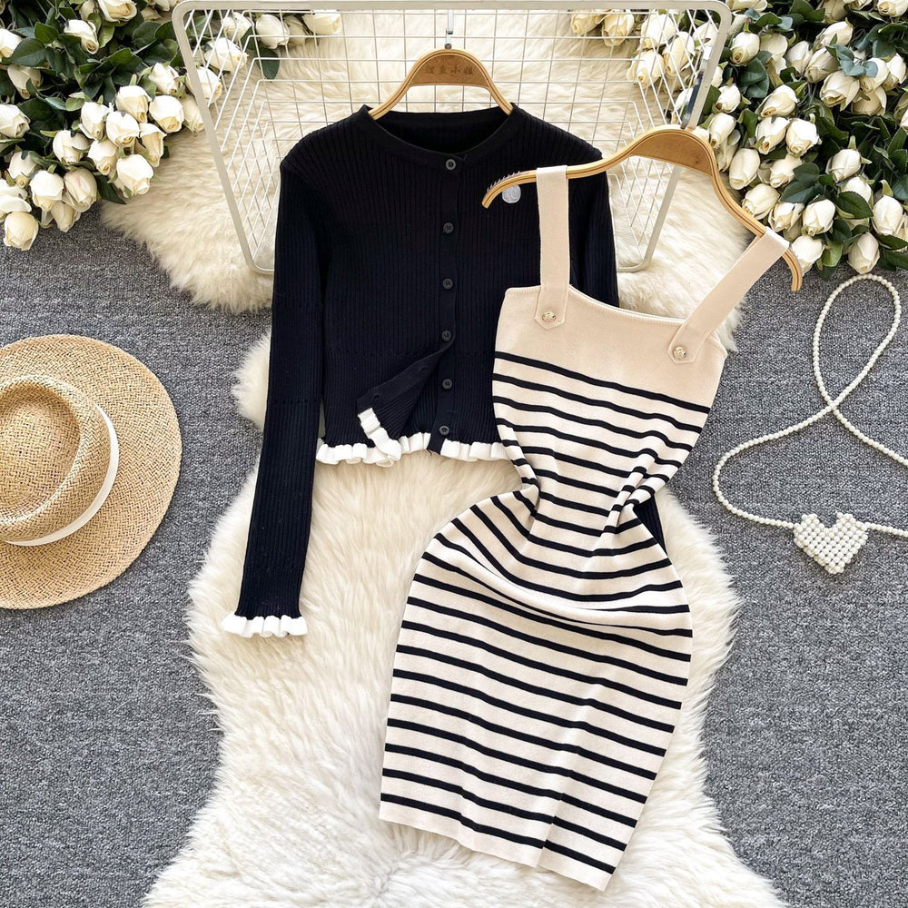 French-inspired knit set for women: winter striped camisole dress + ruffle trim cardigan