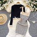 French-inspired knit set for women: winter striped camisole dress + ruffle trim cardigan