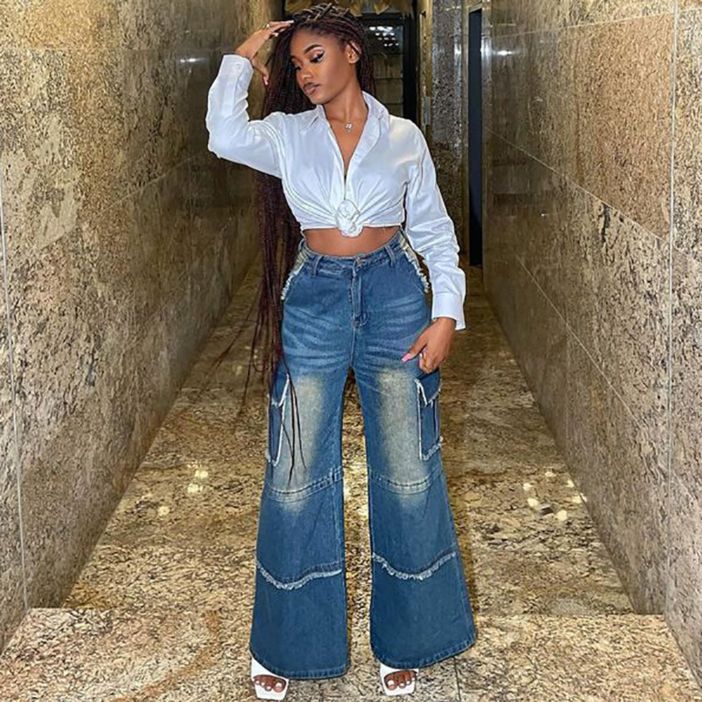 European and american style straight-leg jeans -  foreign trade women's fashion hot girl washed vintage high-waisted wide-leg pants
