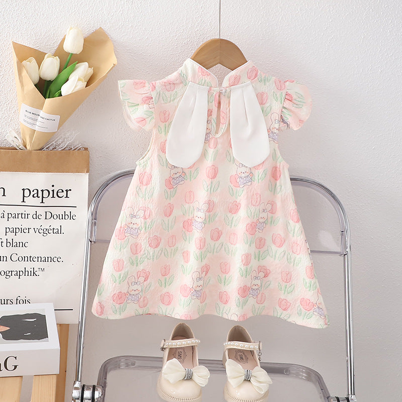 Girls' modern cheongsam dress - summer floral bunny print fashionable chinese style baby dress