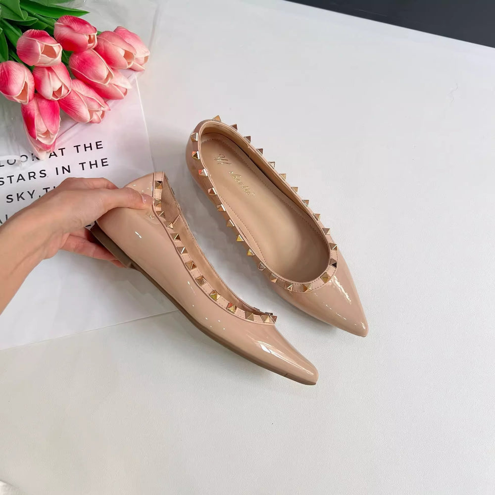 Women's single shoes: new spring/autumn 2025 pointed-toe studded hidden heel french patent leather fashionable versatile low-cut high heels