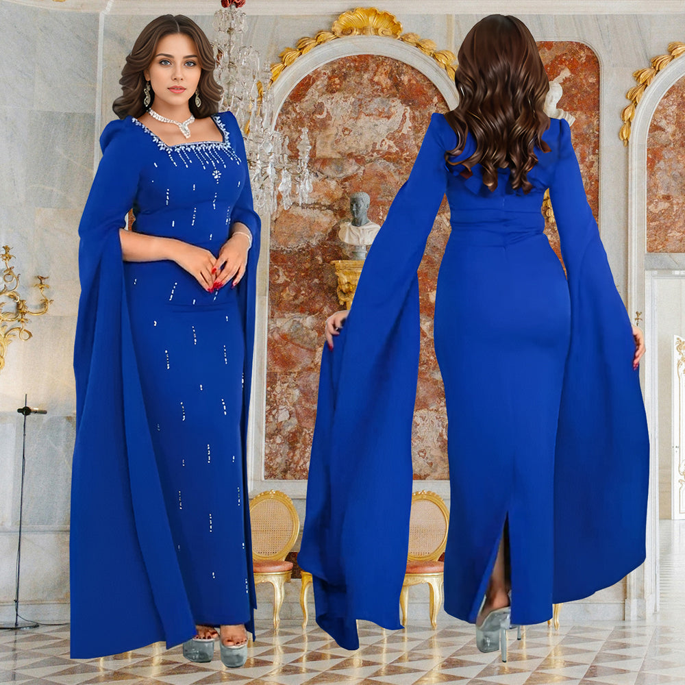 C7259 cross-border   fashion women's back-slit cape sleeve rhinestone embellished elegant dress