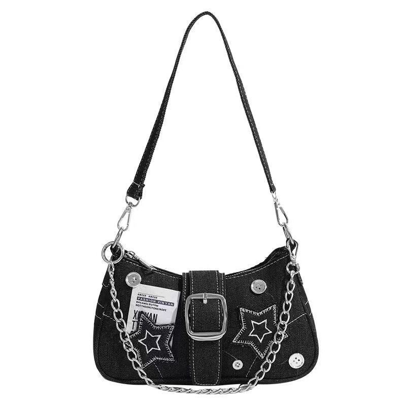 Star denim women's armpit bag new fashion trend niche crescent bag canvas handbag chain shoulder bag