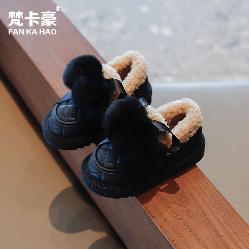 winter new arrivals: girls' fleece-lined cotton shoes - versatile bow-tie casual ankle boots for students (sizes for mid-to-large children)