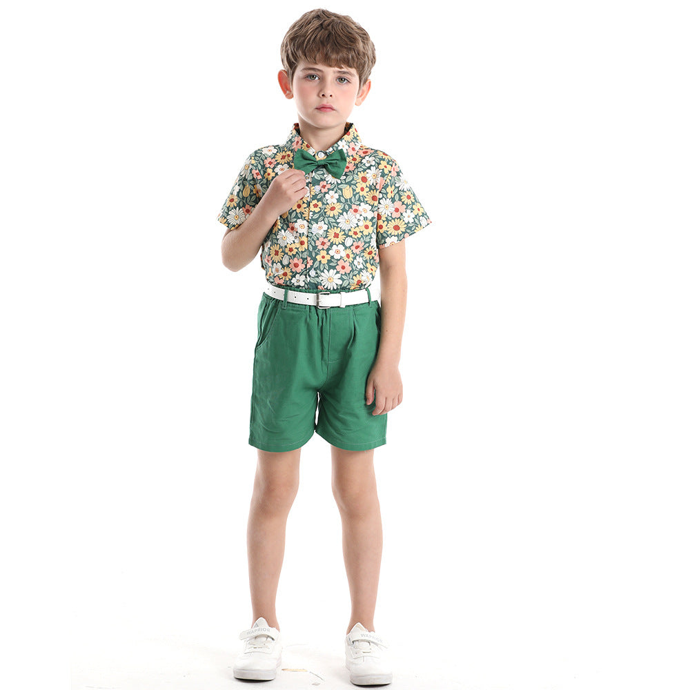 European and american style boys' outfit set: short-sleeve printed shirt, overalls, bow tie - beach-themed cross-border children's wear wholesale
