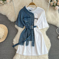 Retro hong kong style elegant waist with belt round neck color matching denim shirt spring new arrivalchiccasual medium length tops