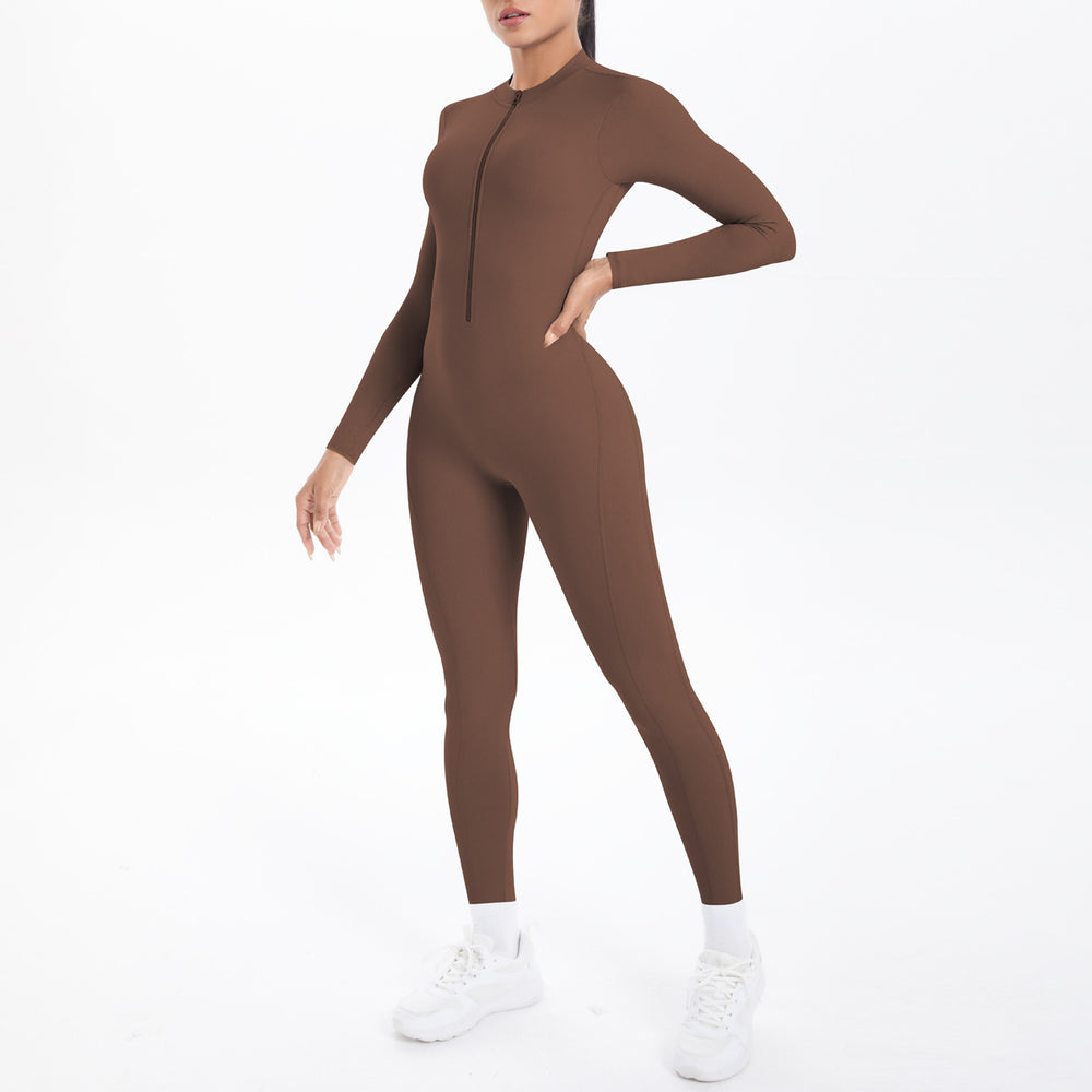 New arrival cross-border double-sided brocade pure color beautiful back cut outlong sleeves jumpsuit sports running fitness yoga wear jumpsuit