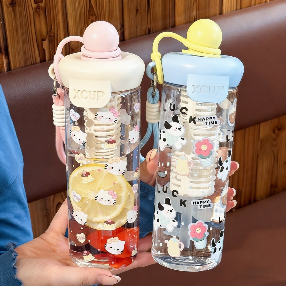 Trendy summer water bottle for girls: high-style, large capacity, tea infuser, straw cup with cute cartoon float – made of plastic