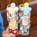 Trendy summer water bottle for girls: high-style, large capacity, tea infuser, straw cup with cute cartoon float – made of plastic