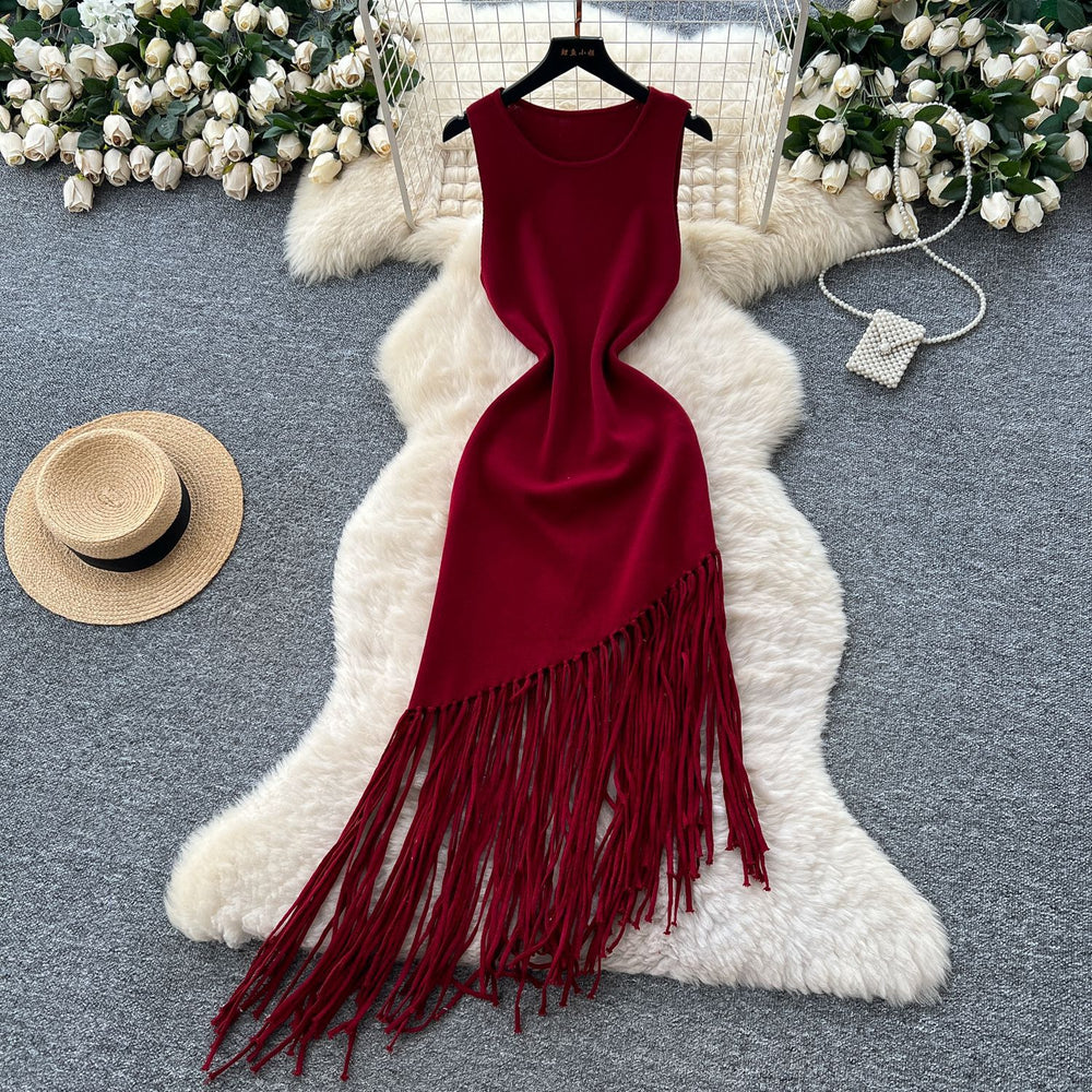 new european and american  cross-border e-commerce women's sleeveless slim-fit tassel french summer cinched waist maxi dress