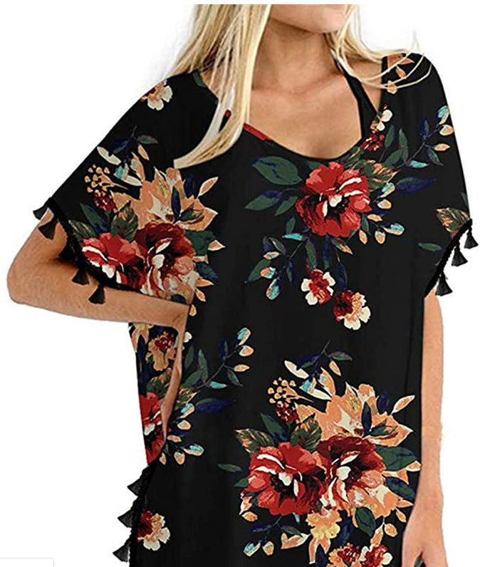 fashionnew arrivalprinting tassel small white ball chiffon beach skirt blouse ready-made trendy brand