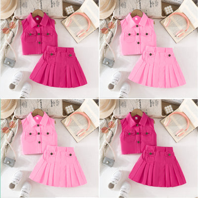girls' european and american style solid color sleeveless denim top + summer pleated skirt two-piece set - direct from the manufacturer