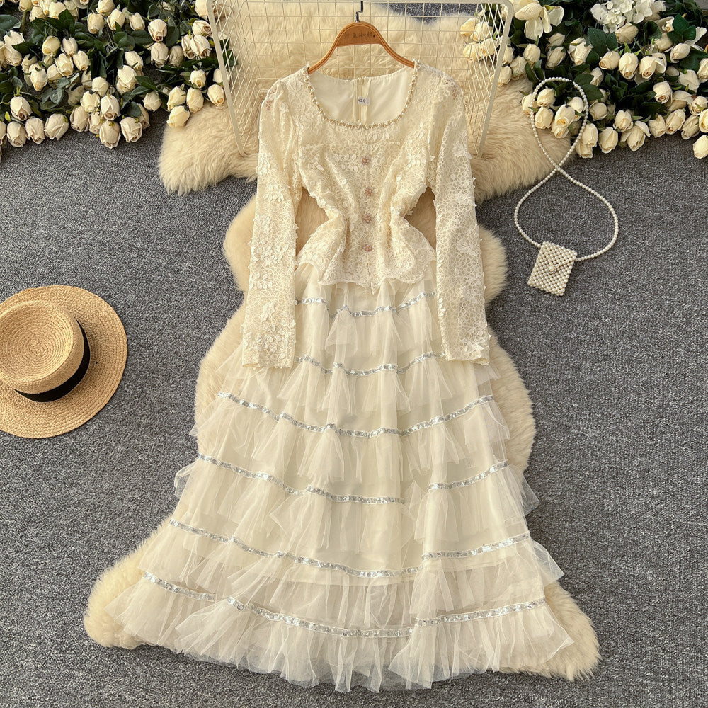 Korean style square neck beaded lace patchwork mesh dress women's long sleeve high waist embroidered a-line dress commuter fairy dress