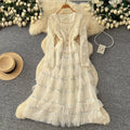 Korean style square neck beaded lace patchwork mesh dress women's long sleeve high waist embroidered a-line dress commuter fairy dress