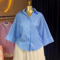 European and american women's clothing  autumn new sweet and fresh striped turn-down collar three-quarter sleeve single-breasted button-down shirt top