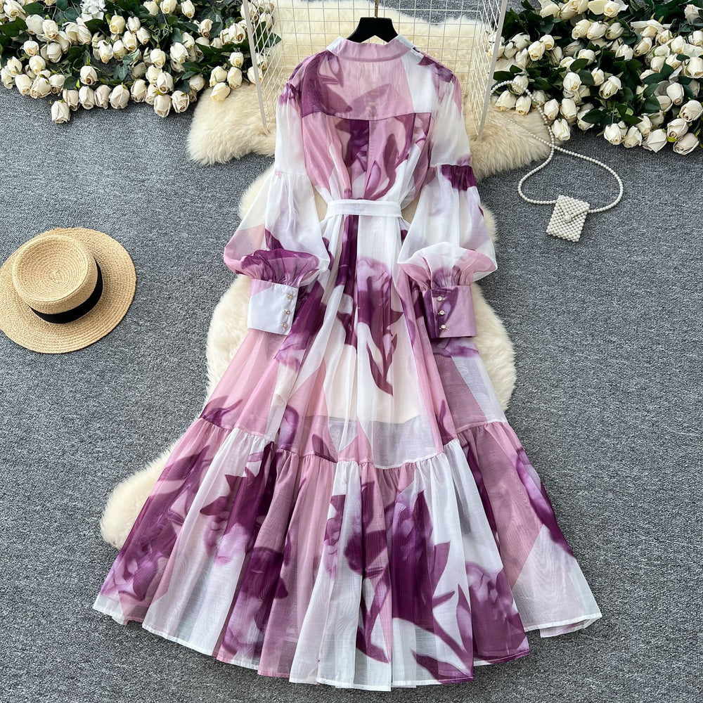 French chic dress -  new collection: court style tie-waist lantern sleeve printed mesh midi dress