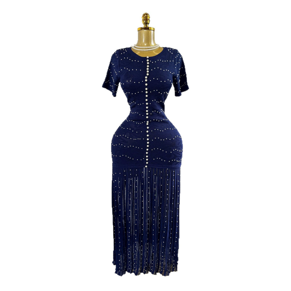 French style beaded knit dress - women's short sleeve high waist a-line dress - slimming, commute-friendly, elegant maxi dress